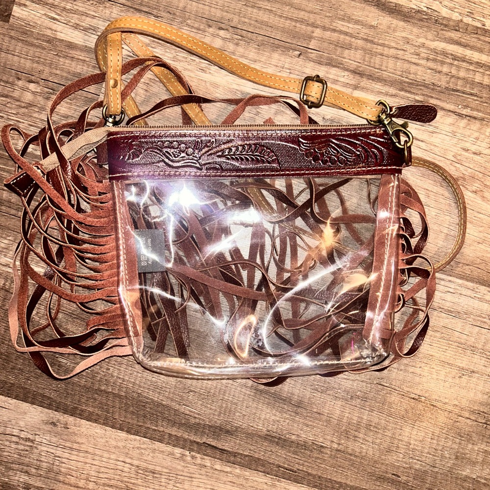 Myra Clear and Brown Leather Fringe Bag